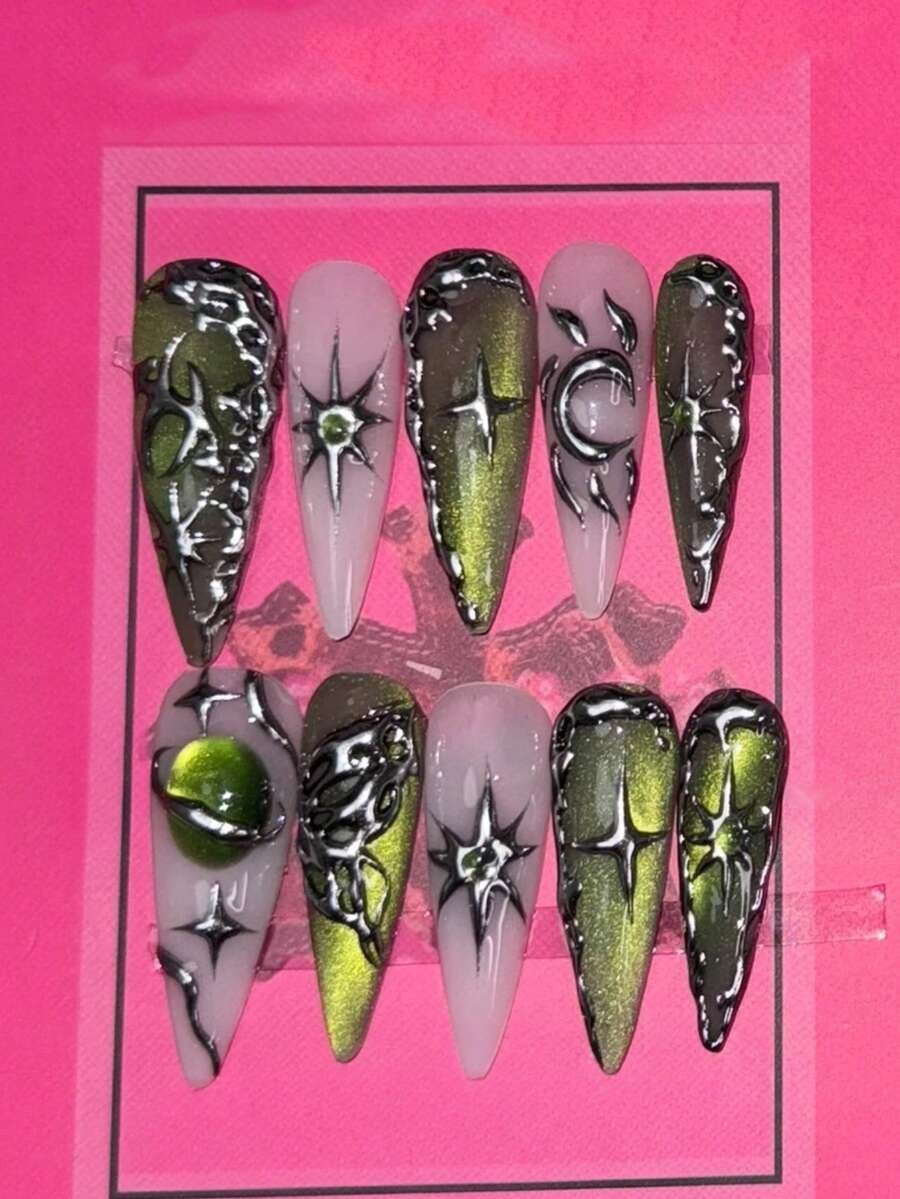 Moss Eclipse green cat-eye chrome star and moon long stiletto press-on nails