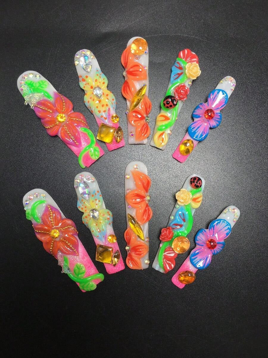 Extra long coffin press-on nails with 3D flowers, ladybugs and citrine gems on hot pink tips