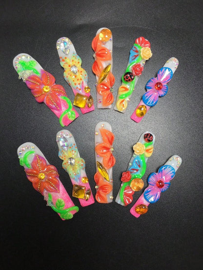 Extra long coffin press-on nails with 3D flowers, ladybugs and citrine gems on hot pink tips