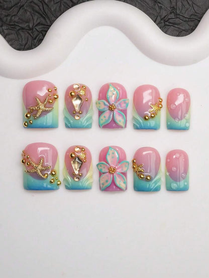 Ombre French square press-on nails, detail view