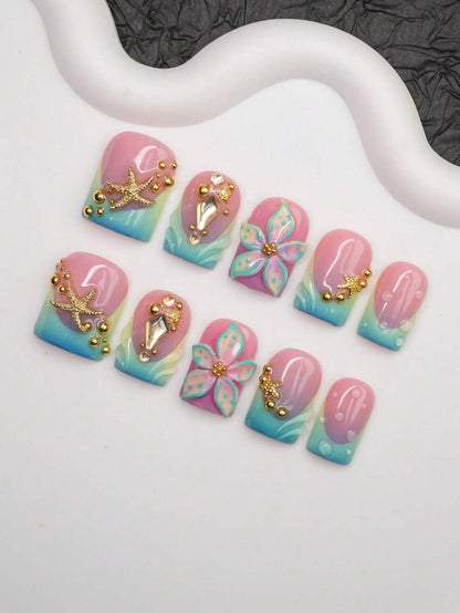 Ombre French square press-on nails, full set