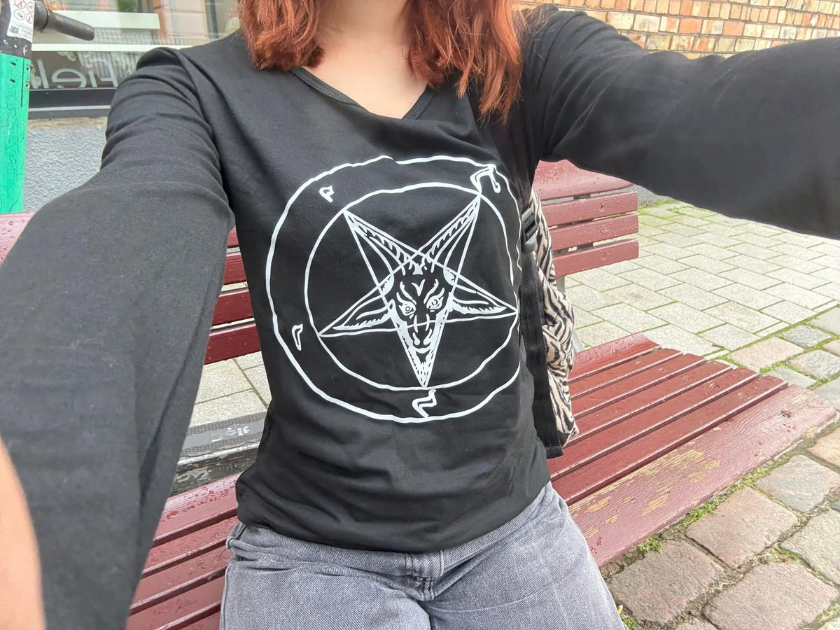 Sabbath Star long sleeve baby tee worn with jeans