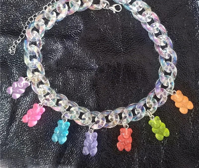 Iridescent chunky curb chain choker with candy bear charms