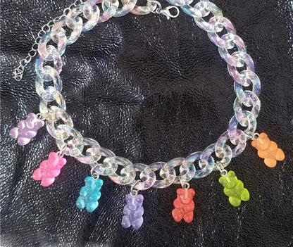 Iridescent chunky curb chain choker with candy bear charms