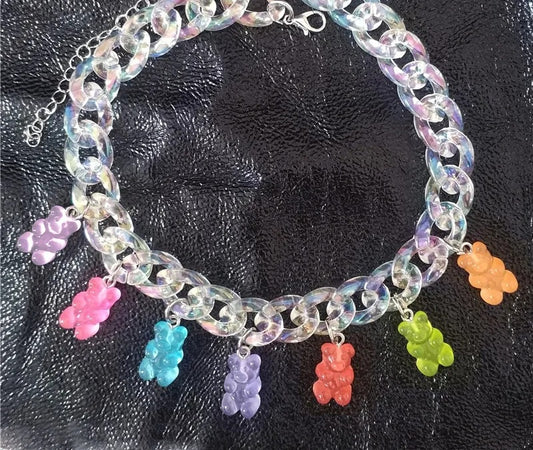 Iridescent chunky curb chain choker with candy bear charms