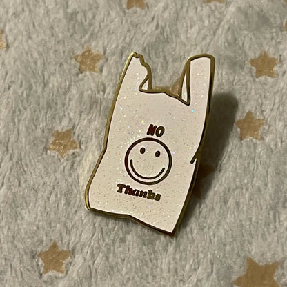 No Thanks pin in hand - real sparkle detail