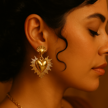 Gold Milagro Corazon Sacred Heart Dangle Earrings