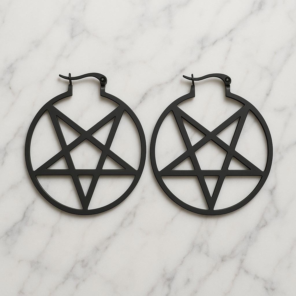 Black Goth Pentagram Hoop Earrings