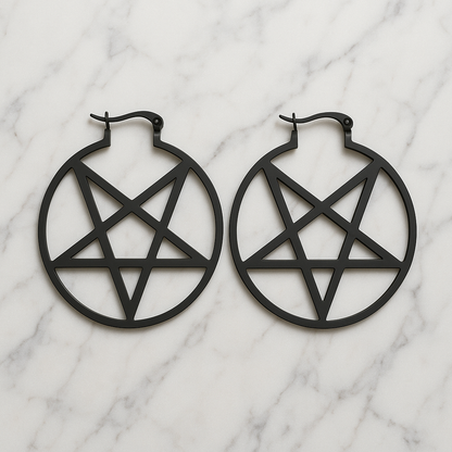 Black Goth Pentagram Hoop Earrings
