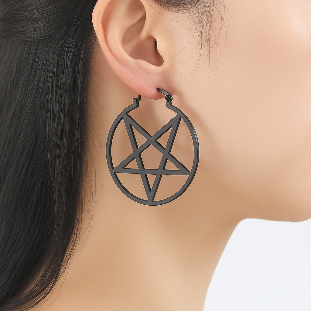 Black Goth Pentagram Hoop Earrings