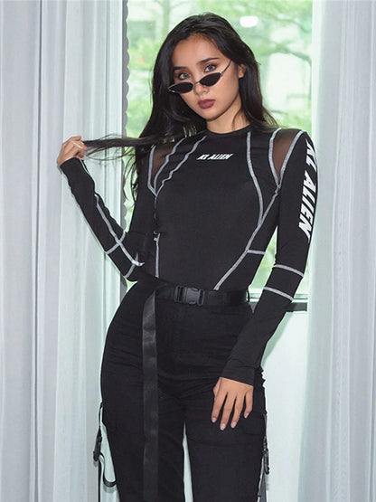 Mesh panel bodysuit styled with black cargos