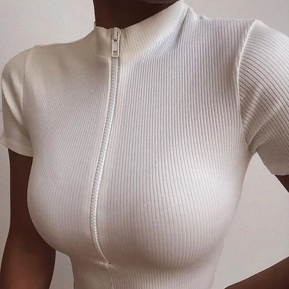 White crop tee zipped to the collar