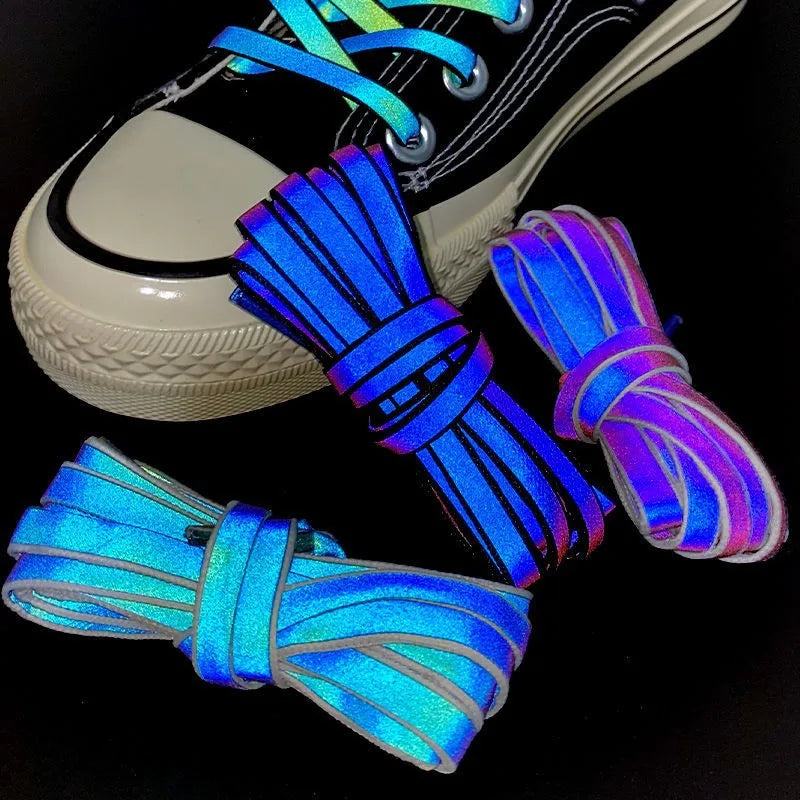 Nightshift reflective flat shoelaces glowing iridescent blue