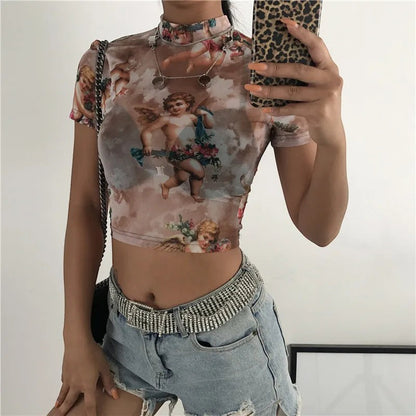 Angel print mesh top detail