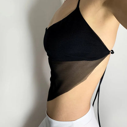 Black mesh halter side view showing waist ties