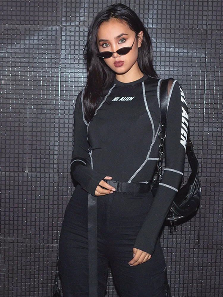 Harness topstitching detail on mesh bodysuit