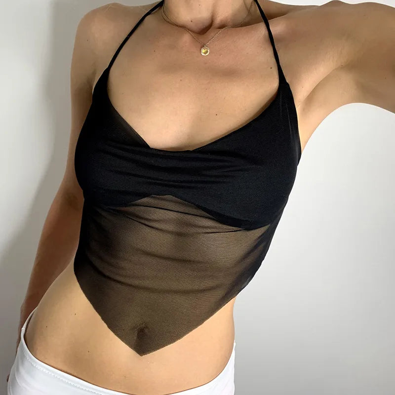 Bad Signal sheer mesh handkerchief halter in black, front