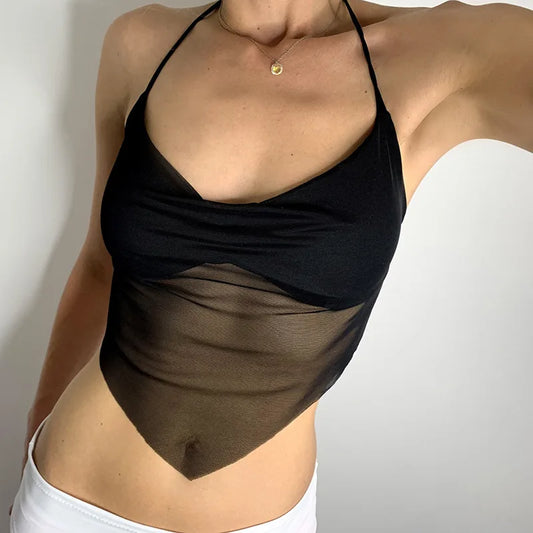 Bad Signal sheer mesh handkerchief halter in black, front