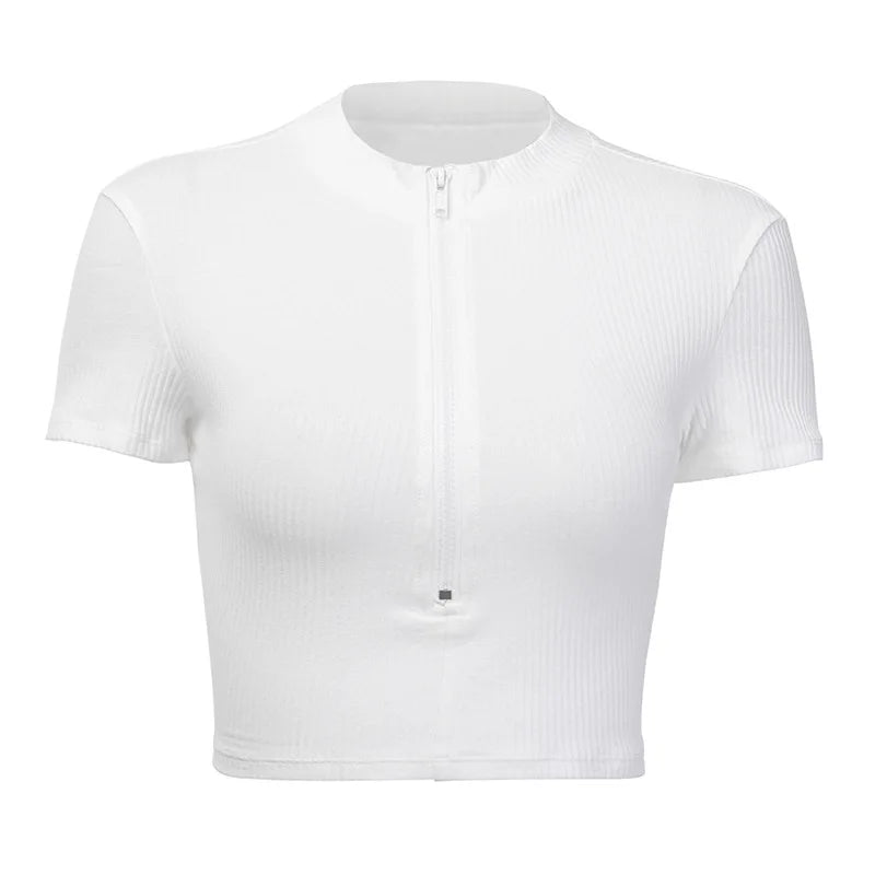 White zip crop tee flat lay
