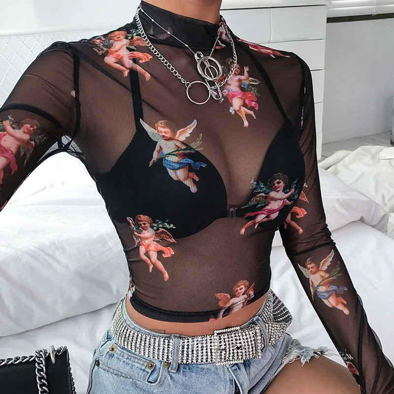 Fallen Angel Black cherub print sheer mesh top studio front view