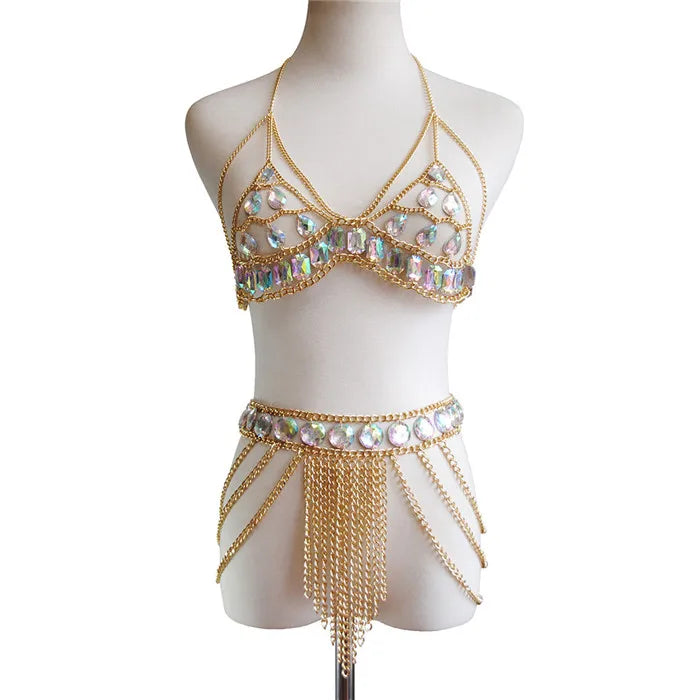 Molten Gold chain bra and fringe skirt set