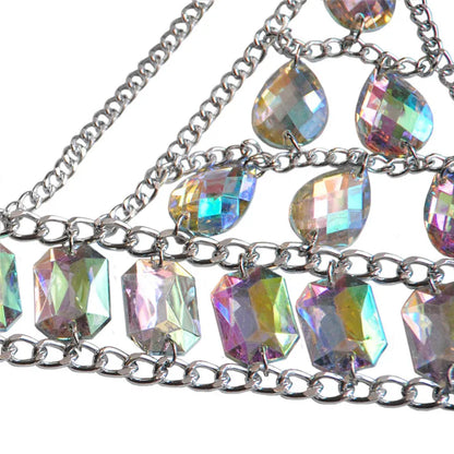 Close up of the iridescent faceted stones and chain links