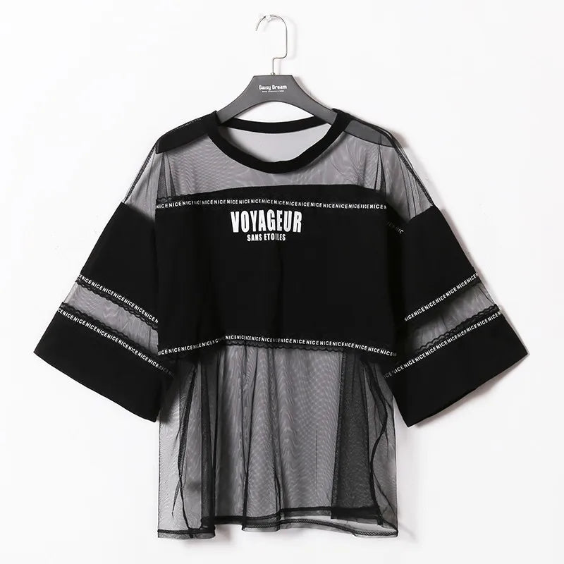 Sheer mesh oversized tee on a hanger