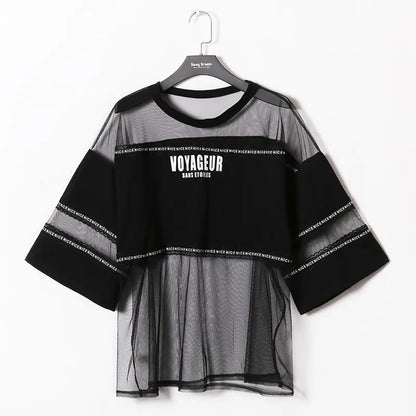 Sheer mesh oversized tee on a hanger