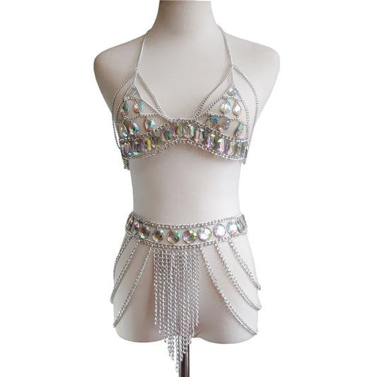 Liquid Silver chain bra and fringe skirt set