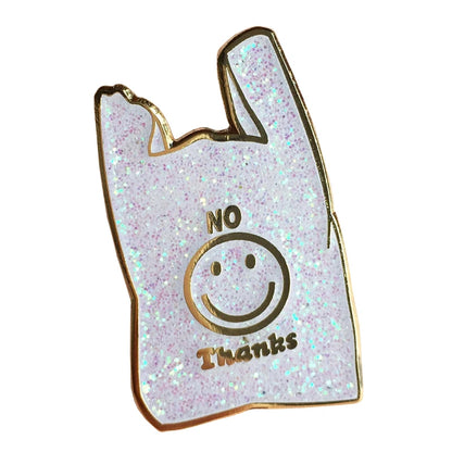 No Thanks glitter shopping bag enamel pin