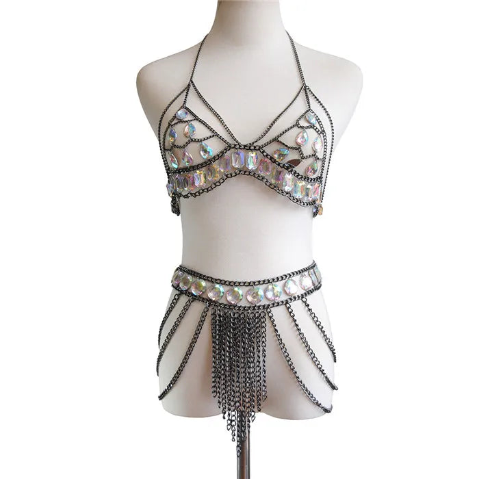 Gunmetal chain bra and fringe skirt set