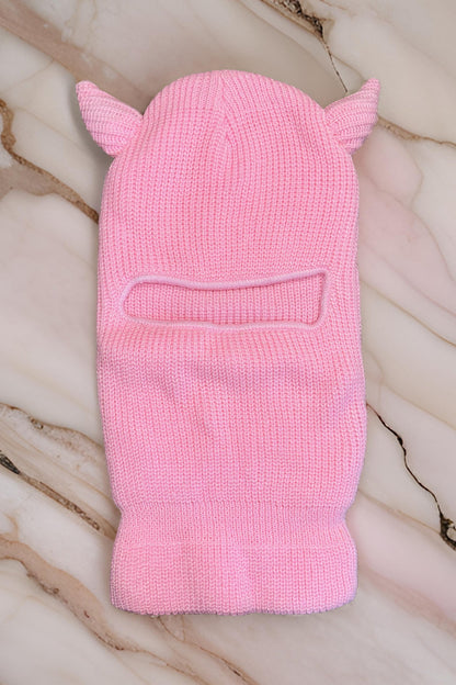 Devil's Shade Balaclava - Pink Knit Horned Ski Mask
