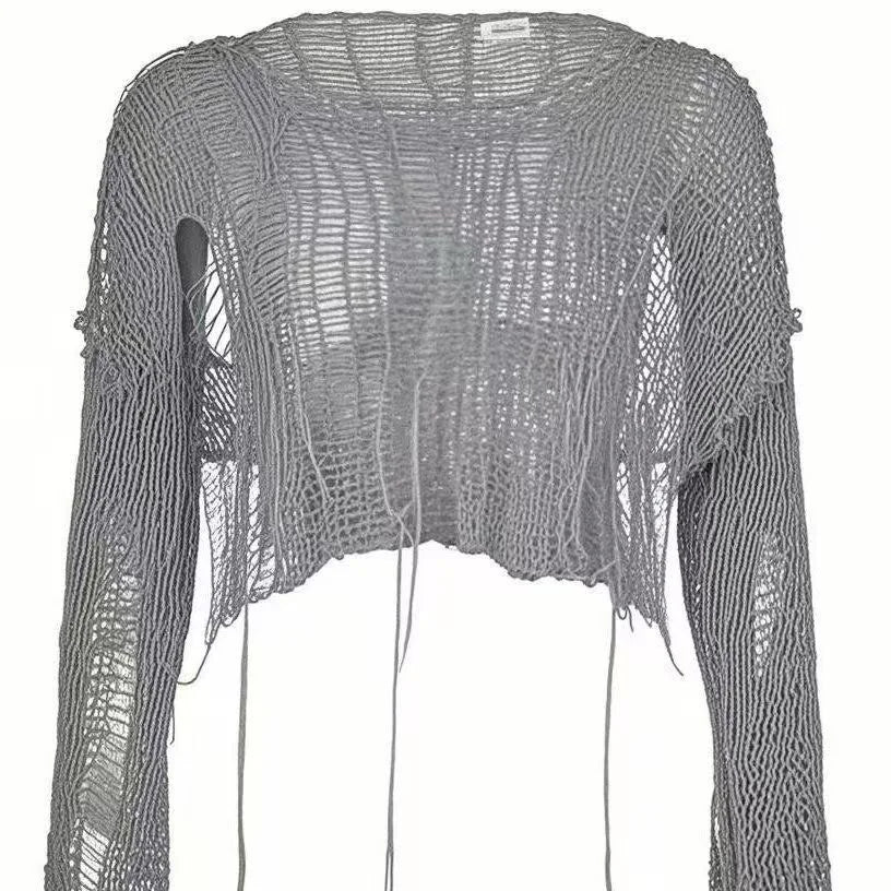 Gray shredded knit crop sweater, front