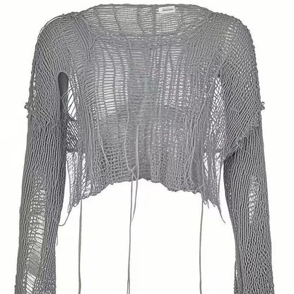 Gray shredded knit crop sweater, front