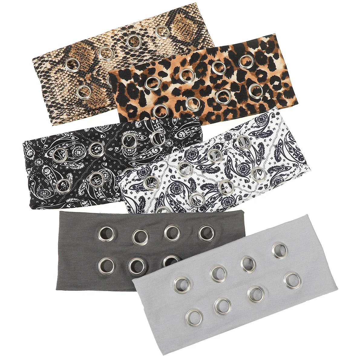 Range of printed and solid grommet headbands fanned out