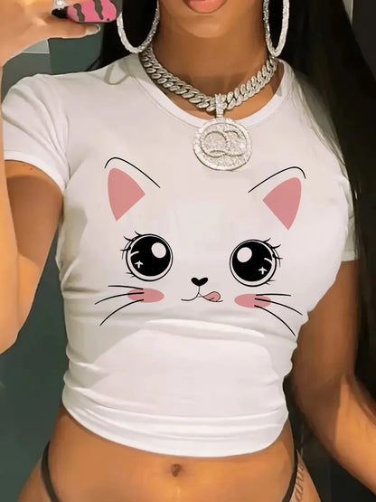 Kawaii cat crop tee in white