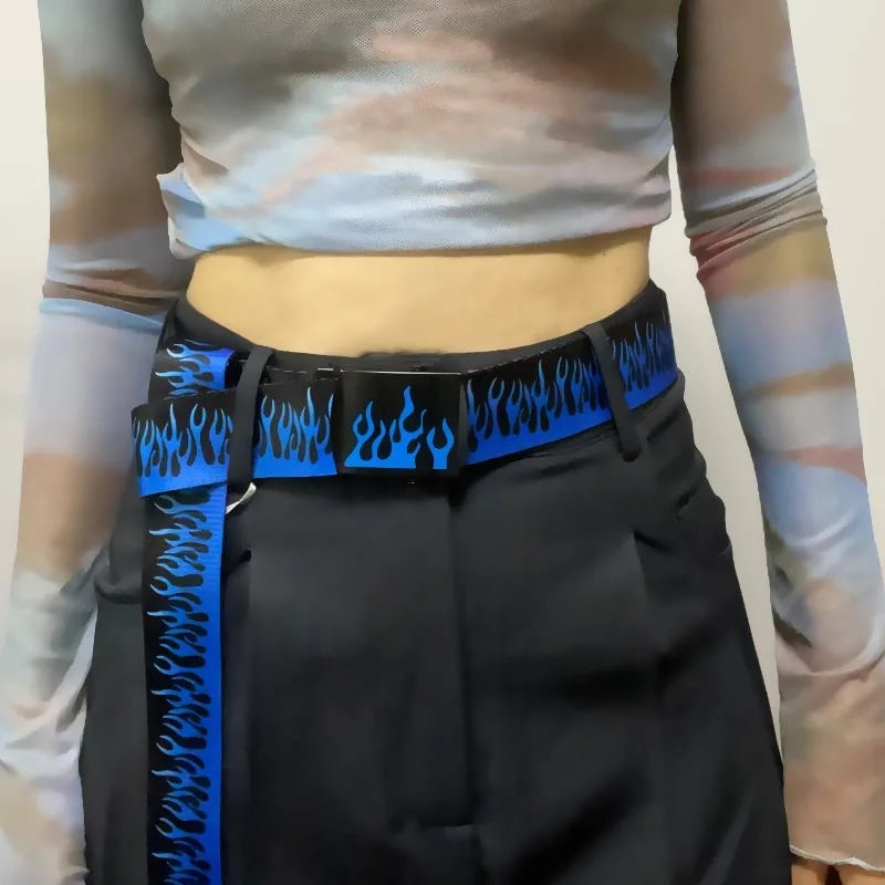 Blue flame belt worn with black trousers