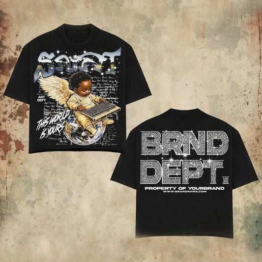 Black cherub graphic tee front and back
