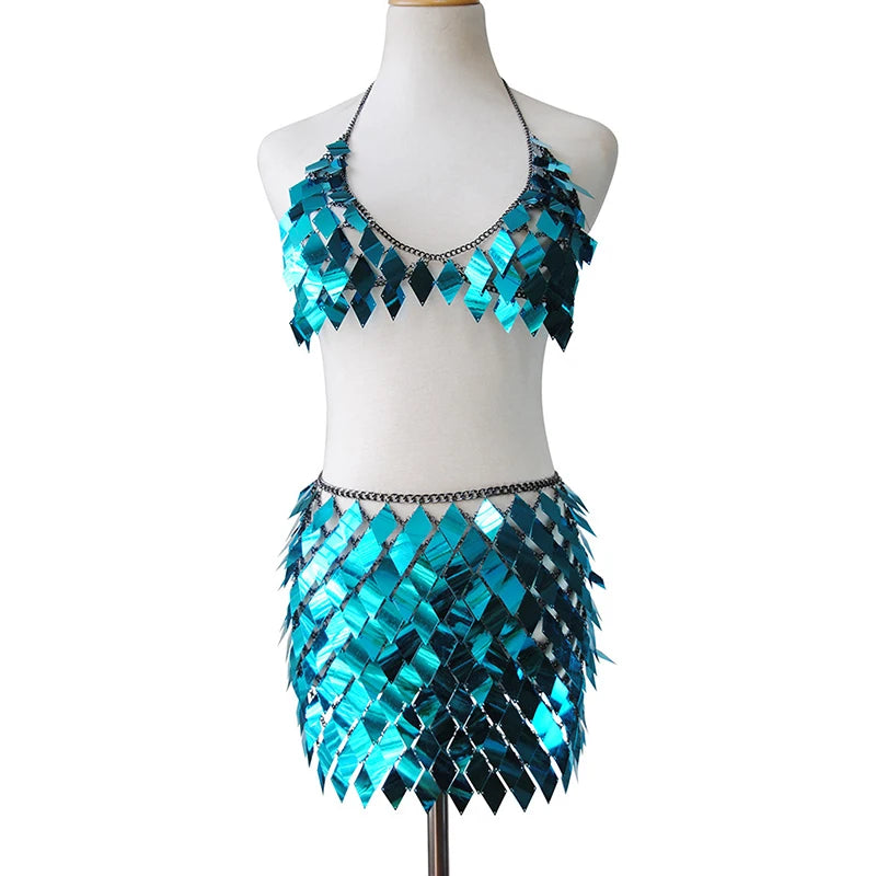 Deep Sea teal sequin scale top and skirt set