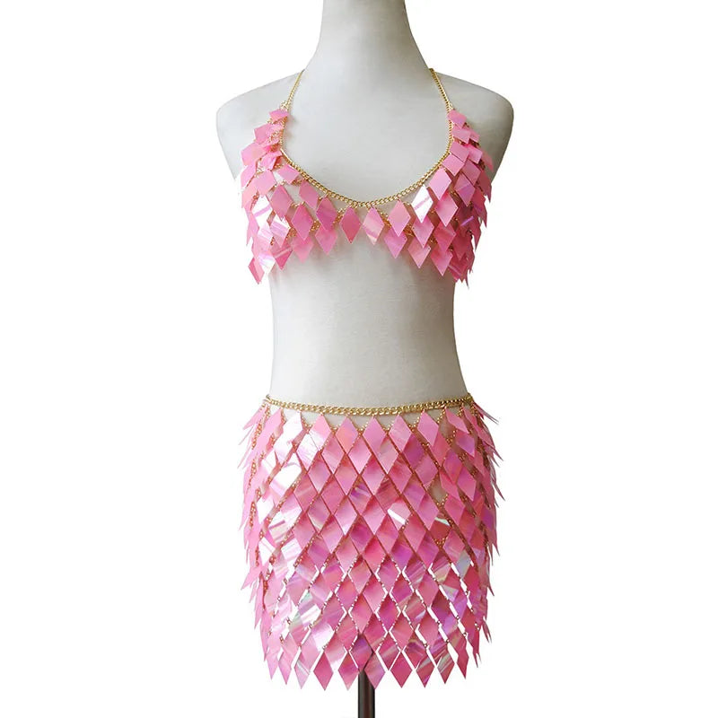 Bubblegum pink sequin scale top and skirt set