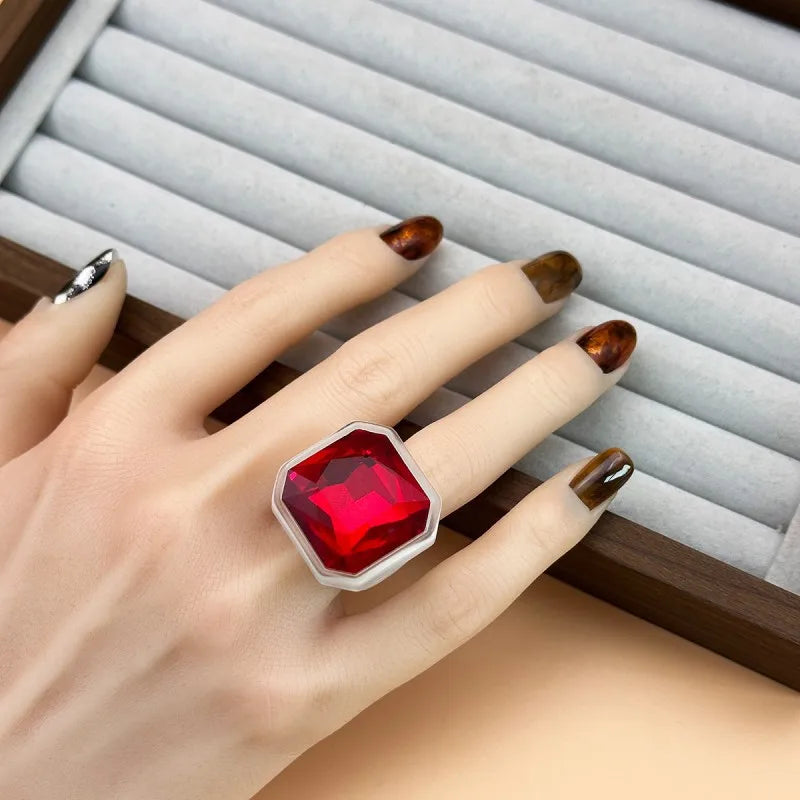 Blood Red faceted cocktail ring worn