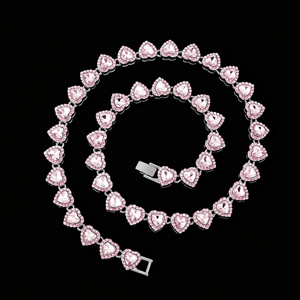 Pink on Chrome heart tennis chain
