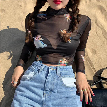 Fallen Angel Black cherub mesh top cropped hem detail
