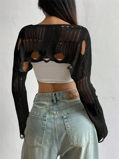 Black cropped shrug sweater, back view