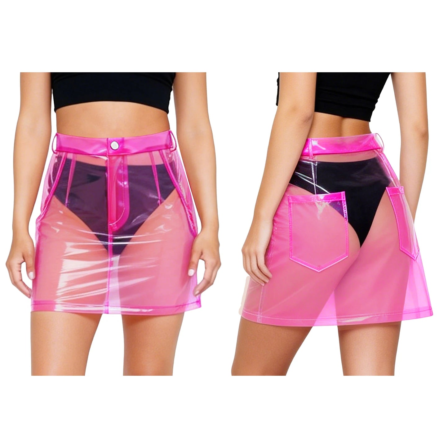 Neon bubblegum PVC mini skirt front and back