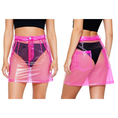 Neon bubblegum PVC mini skirt front and back