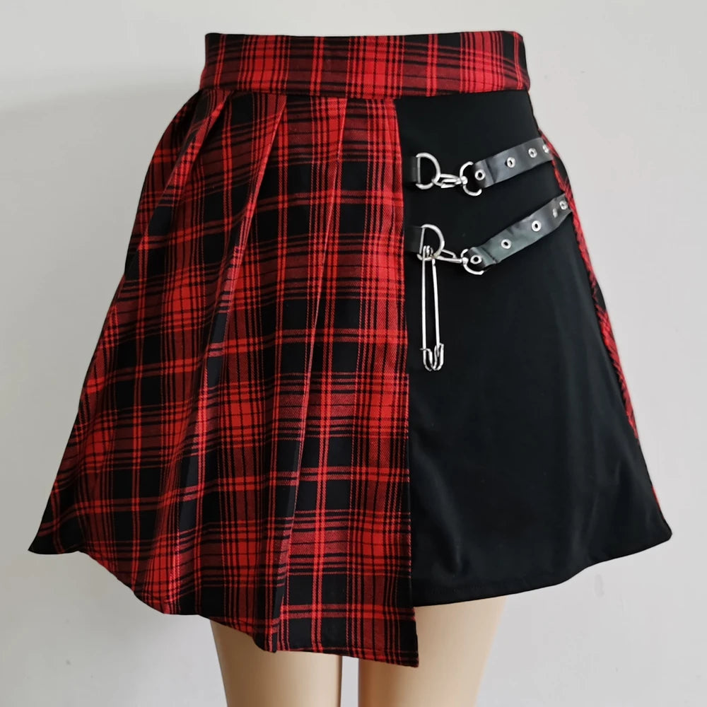 Riot Red Plaid asymmetric harness skirt front