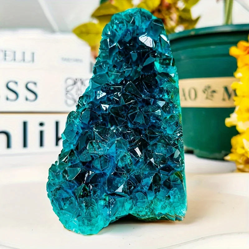 Blue aura quartz cluster standing upright