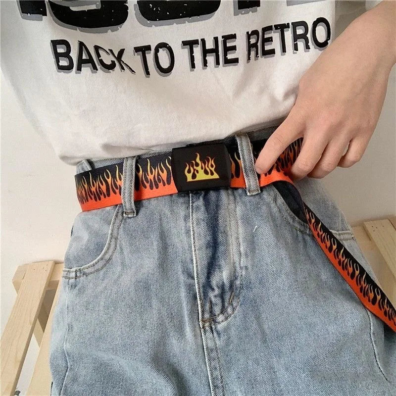 Orange flame belt worn with jeans
