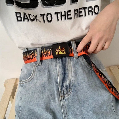 Orange flame belt worn with jeans